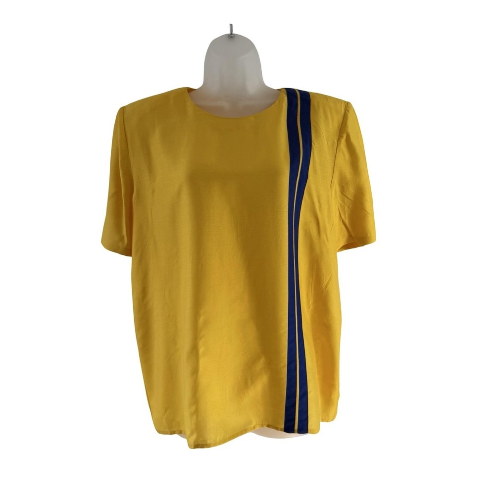 Mila Schon Blouse Womens 46 Yellow Blue Silk Striped Short Sleeve Made in Italy